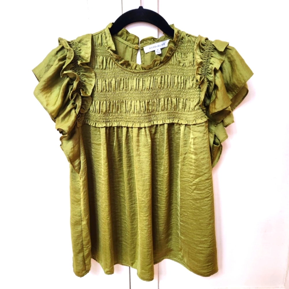 Rose +Olive Sleeveless Ruffled Silky Blouse - Lime Green - Size M - EUC